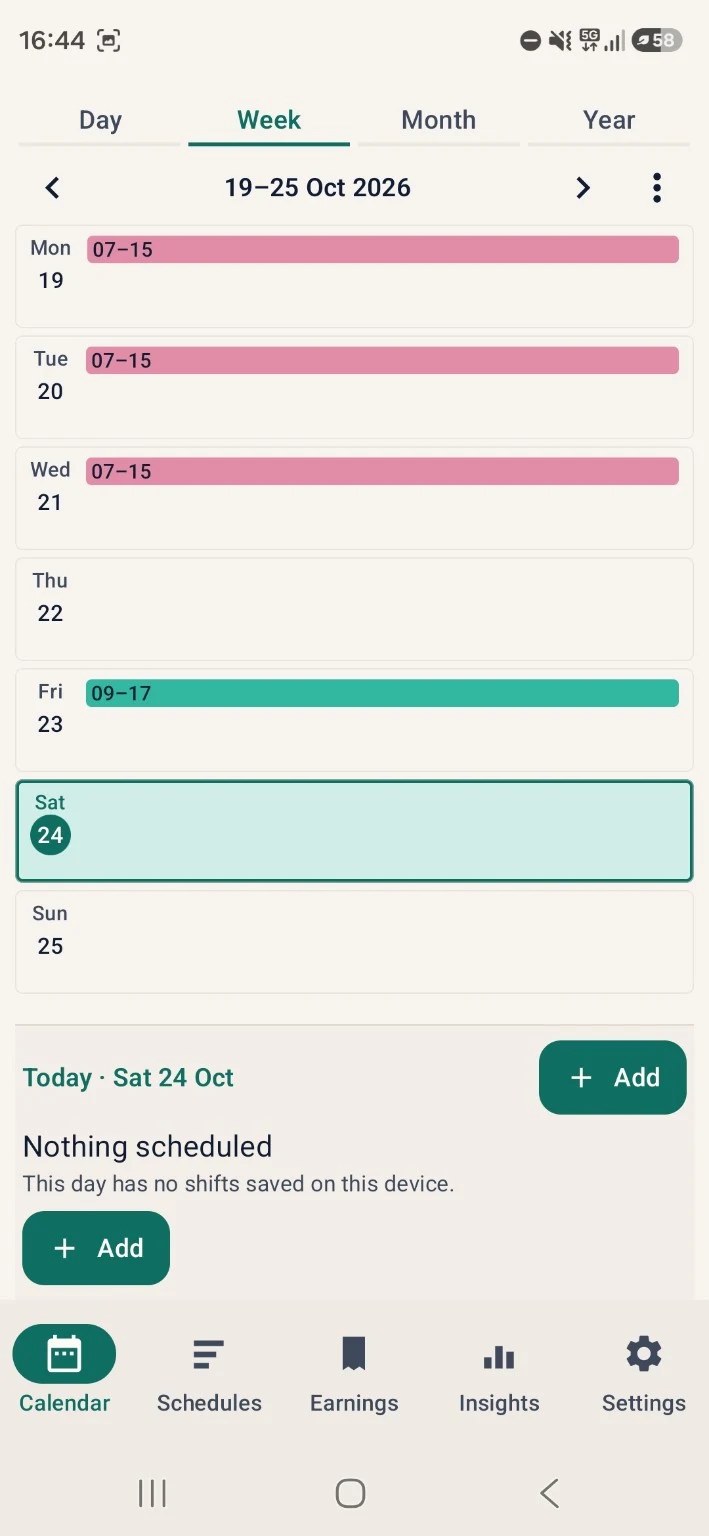 Shiftora week view showing colour-coded shift bars across the week