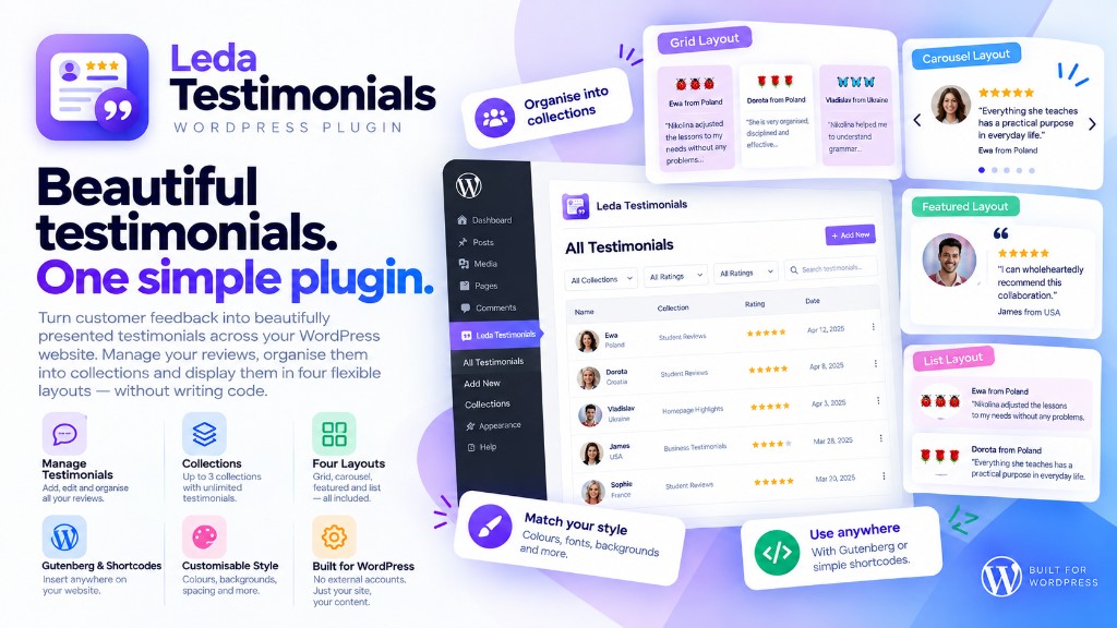 Leda Testimonials feature graphic: WordPress testimonial management with grid, carousel, featured and list layouts